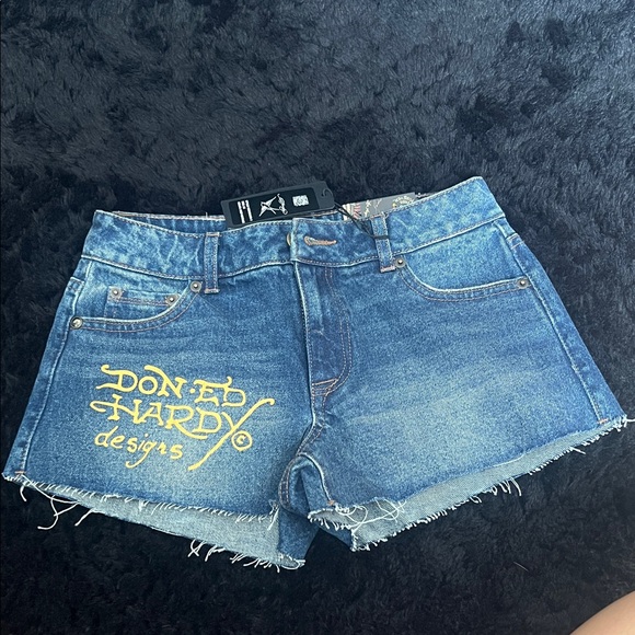 Ed Hardy Women's Blue Jean Shorts with Yellow Logo - Picture 2 of 2
